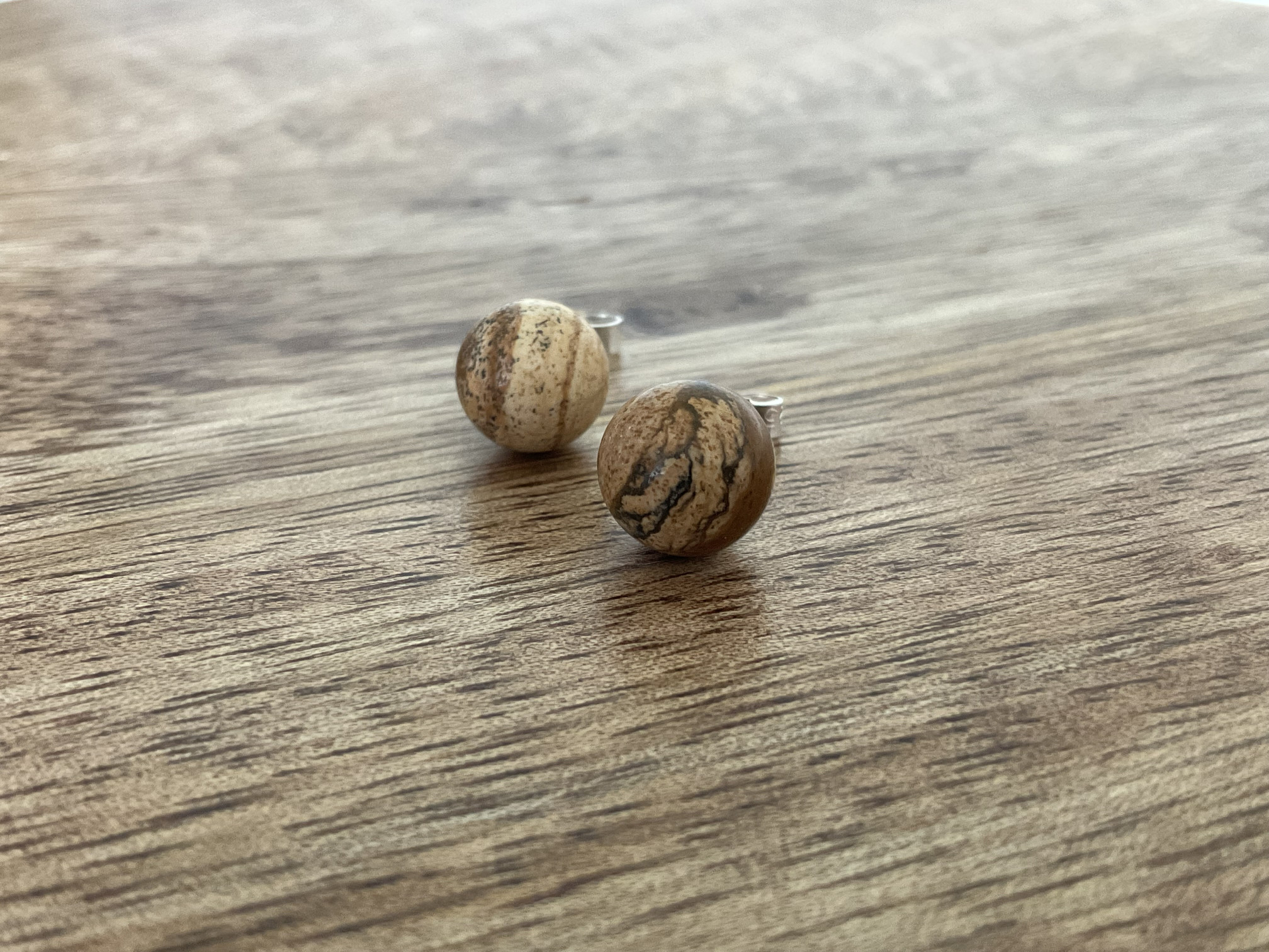 Jasper Ball Gemstone Stud Earrings - 8mm - Click Image to Close